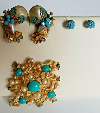 Vintage D ' Arne Gold w Turquoise and Pearl Pin Brooch & Stunning Matching Earring 3