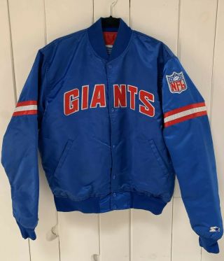Vtg 80s 90s Starter Nfl York Giants Nylon Satin Bomber Jacket Blue L