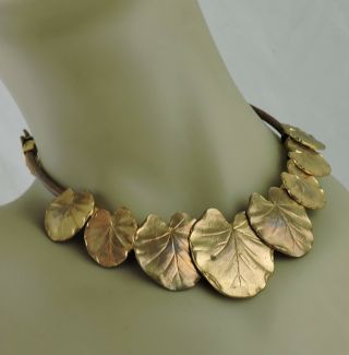 Vintage Leather & Brass Or Metal Alloy Leaf Leaves Necklace Collar