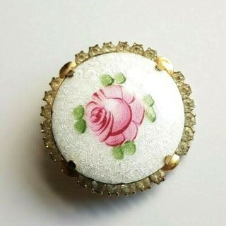 Vintage Guilloche Enamel Rose Flower Brooch Pin