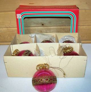 Box 6 Vintage 3 1/8 " Blown Glass Christmas Tree Ornament Balls Gold Boxed
