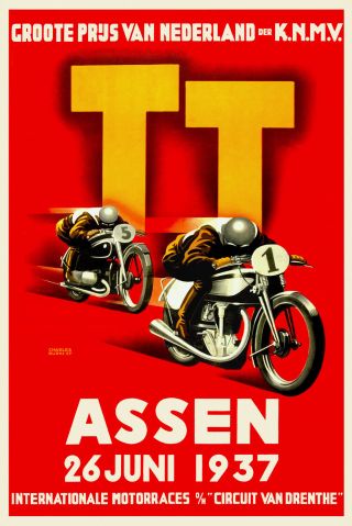 Vintage 1937 Assen Tt Motorcycle Racing Poster Art Deco Nederland Print Retro