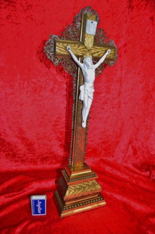 Gild Wooden Standing Cross Crucifix Altar | Antique 19th Century 19.  6 Inches