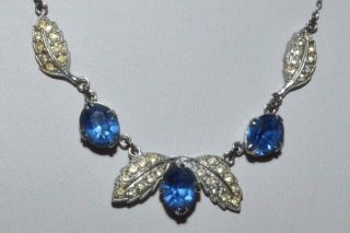 Pretty Vintage Chrome Art Deco Necklace With Blue Crystals And Paste Stones