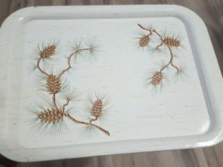 Vintage Mid Century Metal Snack Tray Winter Holiday Pine Cone Turquoise