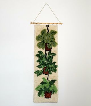 Vintage Plant Bohemian Style Rug Wall Hanging Latch Hook Green Ivory 58”