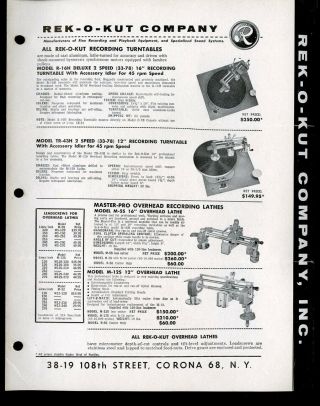 Vintage Rek - O - Kut Recording Turntables And Lathes Print Ad Sales Spec Sheet