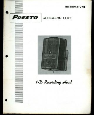 Vintage Presto Recording Corp.  1 - D Recording Head Ins.  Print Ad Sales Spec Sheet