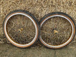 Old School Bmx Araya 7x 20” Wheel Set Gold With Tyres Shimano Hubs