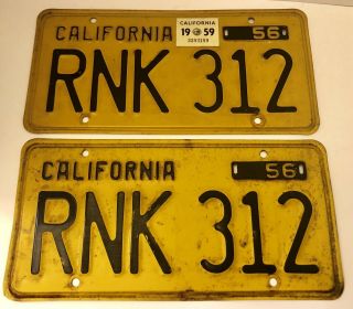 Vintage 1956 California License Plates Set - Ca Yellow 1950s Rnk 312