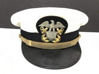 Vintage Us Navy Officer Usn White Dress Hat Cap With Badge Bancroft
