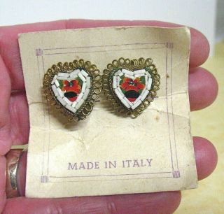 Gold Micro Mosaic Heart Earrings Vintage Clip On With Card Italy