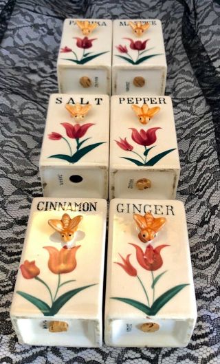 6 Vintage Japanese Ceramic Hand Painted Spice Jars Shakers W/ Tulips & 3 - D Bees