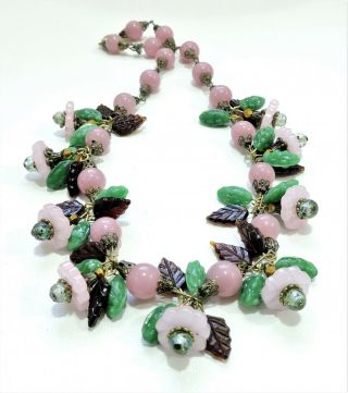 Vintage Pink Red Green Flowers Leaves Lampwork Art Glass Bead Necklace Oc1989
