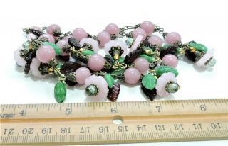 Vintage Pink Red Green Flowers Leaves Lampwork Art Glass Bead Necklace OC1989 2
