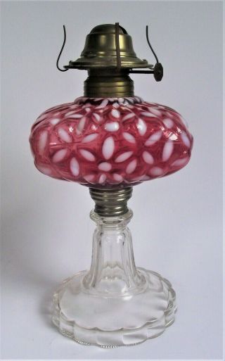 Antique Hobbs Snowflake Victorian Cranberry Opalescent Glass Oil Lamp Stand 1880