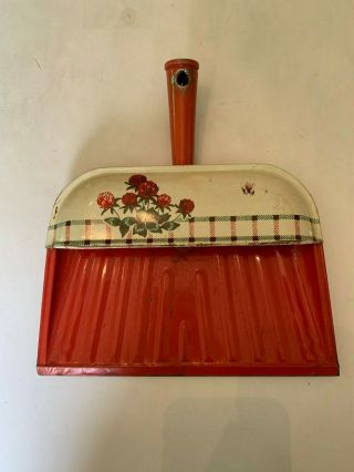 Vintage Tin Dustpan Red And White Flowers Bumble Bee Design