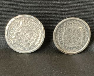 Vintage Sterling Silver Aztec Calendar Screw Back Earrings Made In Mexico 7/8”