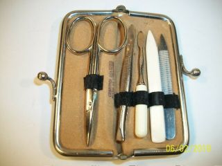Vtg: 1940s Travel Size Manicure Set.  Leather Case Made In Germany 5 Tool