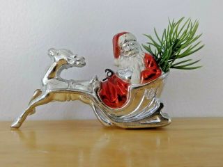 Vintage Irwin Santa Claus Ornament Silver Metallic Sleigh Reindeer Hard Plastic