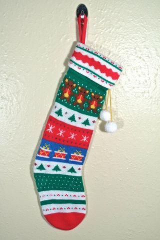 Vintage Christmas Stocking Teddy Bears Trees Drums Snowflakes Yarn Knit Crochet