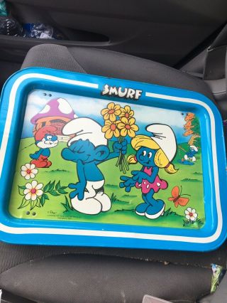 Vintage 1980s Smurf Metal Tv Lap Tray With Folding Legs