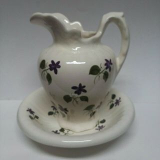Vintage Stangl Art Pottery Ceramic Pitcher & Bowl Set Hand Painted Purple Flower