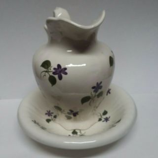 Vintage Stangl Art Pottery Ceramic Pitcher & Bowl Set Hand Painted Purple Flower 2