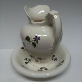 Vintage Stangl Art Pottery Ceramic Pitcher & Bowl Set Hand Painted Purple Flower 3