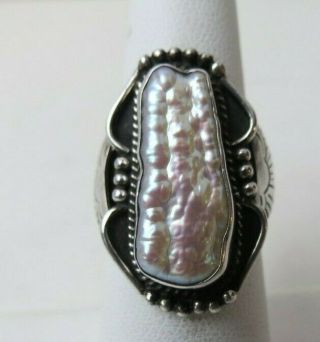 Awesome Vintage Blistery Mother Of Pearl 925 Sterling Silver Estate Ring Size 7