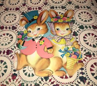 Vtg Dennison Easter Bunny Couple Top Hat Die Cut Cardboard Decoration 16 " Nm