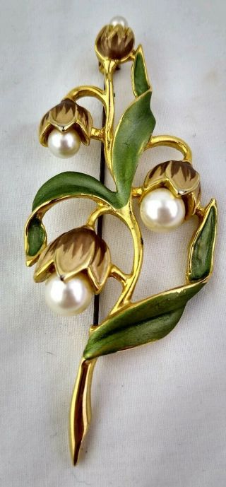 Stunning Gold Tone Faux Pearl Flower Brooch 3 1/4 Inch Vintage Jewelry Pin