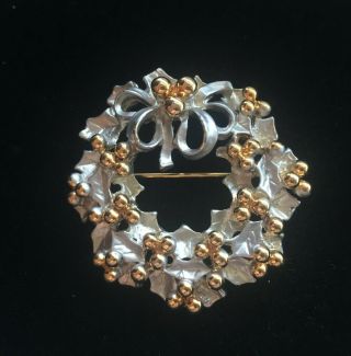 Vintage Wreath Brooch Pin Silver Enamel,  Gold Tone Ornaments,  Christmas Holiday