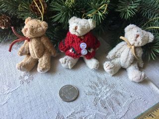 3 Vintage Fuzzy Teddy Bear Miniature Christmas Decoration 3” Ornaments