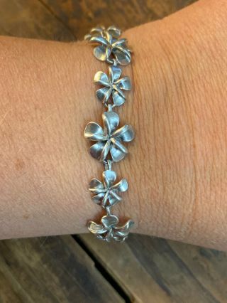 Vintage Sterling Silver 925 Flower Floral 7.  5 Link Bracelet Chain