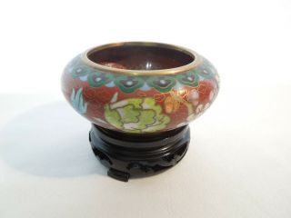 Vintage Brass Cloisonne Trinket Bowl / Dish With Carved Wood Stand Floral Design