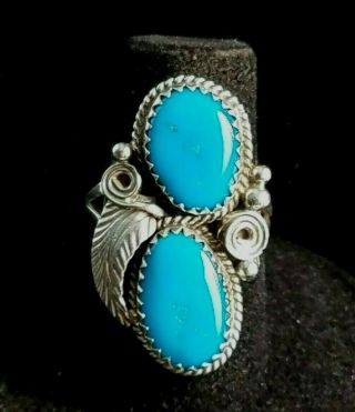 A,  Vtg Navajo Justin Morris Turquoise Two Stone Sterling Silver Feather Ring 6