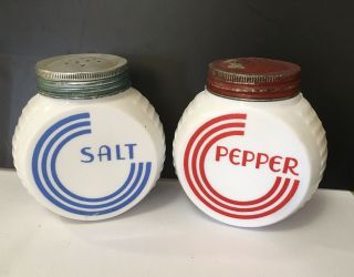 Vintage 1930’s Art Deco Red Blue Accent Salt And Pepper Shaker Milk Glass
