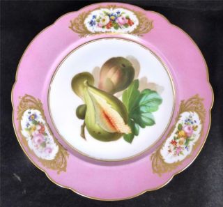 N930 PAIR ANTIQUE FRENCH SEVRES STYLE PORCELAIN PLATES PINK BORDER FRUIT 2