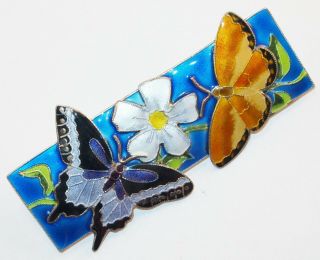 Vintage Signed S925 Sterling Silver Colorful Enamel Butterfly Flowers Brooch Pin