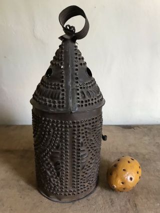 Small Mini Early Antique Punched Tin Hanging Candle Lantern Aafa Cleated
