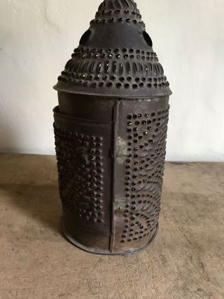 SMALL MINI Early Antique Punched Tin Hanging Candle Lantern AAFA CLEATED 2