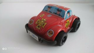 Volkswagen Vw Red Bug Fire Chief Tin Toy Car Japan Vintage Wind - Up 1970 