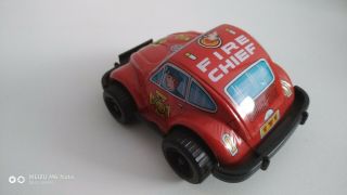 Volkswagen VW red bug fire chief Tin toy car Japan Vintage Wind - Up 1970 ' s 2