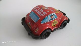 Volkswagen VW red bug fire chief Tin toy car Japan Vintage Wind - Up 1970 ' s 3