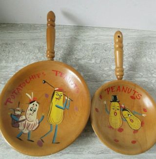 2 Old Vintage Hand Painted Wooden Kitschy Bowls Peanuts Potato Chips