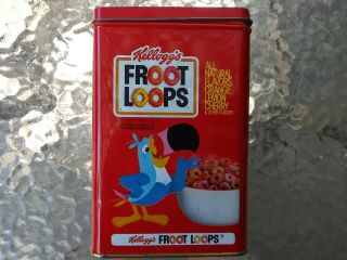 Vintage 1984 Kelloggs Cereal Red Fruit Loops Collectable Tin Can - Rustic Decor