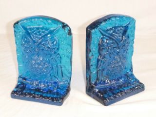 Vtg Mid Century Turquoise Blue Art Glass Owl Bookends 6.  75 " H Bluenique