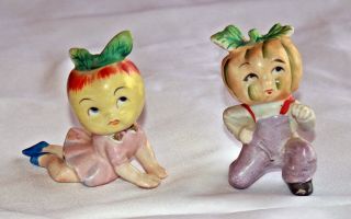 Vintage Japan Anthropomorphic Veggie Apple Pumpkin Boy Girl Figurine Children