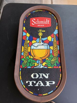 Vintage Schmidt Beer On Tap Light Up Sign,  Plastic Faux Stain Glass Style